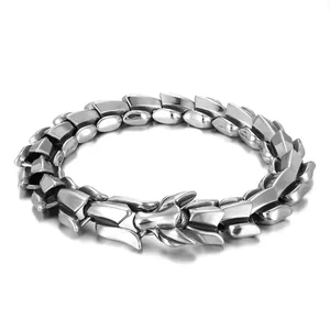 Mens vintage stainless steel dragon bone chain bracelet with polished silver finish