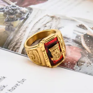 Men's gold-plated Walton Tigers ring with large red zircon and tiger relief detail