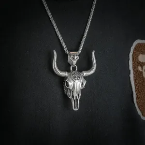 Retro stainless steel bull skull pendant necklace for men with gothic rock style details