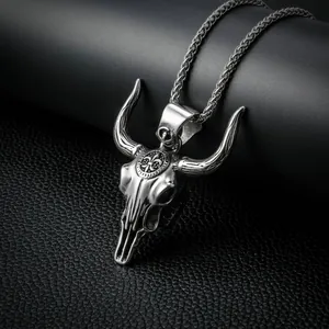 Vintage Gothic Stainless Steel Bull Head Skull Pendant Necklace For Men Retro Punk Rock Animal Biker Jewelry Gift