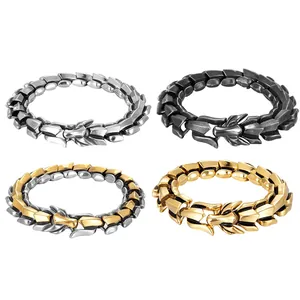 Dragon bone stainless steel bracelets for men in silver, gold, and gunmetal grey finishes