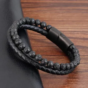 Bracciale da Uomo a Doppio Strato in Pietra Lavica Naturale Agata Opaca Corda in Vera Pelle Intrecciata Fibbia Magnetica in Acciaio Inossidabile Gioielli