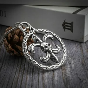 Vintage Herrenkette aus Edelstahl mit Totenkopf und Fleur-de-Lis Militär-Dog-Tag Anhänger