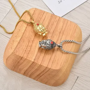 Retro stainless steel Buddha head pendant necklaces in gold and vintage silver finish