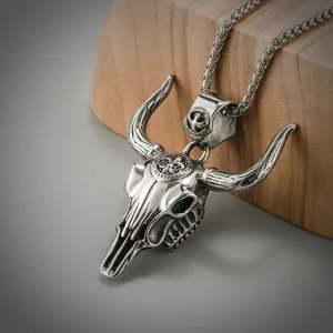 Retro stainless steel bull skull necklace with fleur-de-lis carving on a dragon chain