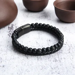 Bracciale da uomo a doppio strato in pietra nera e pelle intrecciata con chiusura magnetica
