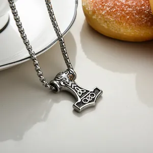 Viking Thor's Hammer pendant with intricate Celtic patterns and antique silver finish