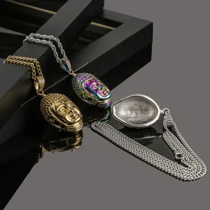 Set of three stainless steel Buddha head pendant necklaces in gold silver and iridescent finish