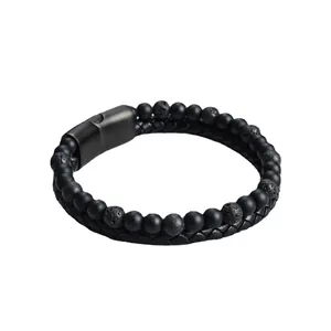 Bracciale da uomo in pelle intrecciata e pietra lavica con chiusura magnetica