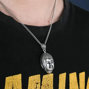 Retro stainless steel Buddha head pendant necklace with vintage silver Cuban chain for men