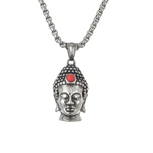 Vintage stainless steel Buddha pendant necklace with red bead and square link chain
