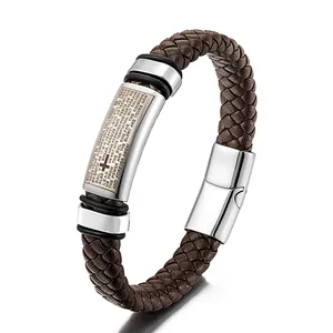 Men's brown braided leather bracelet with stainless steel cross Lord's Prayer plaque