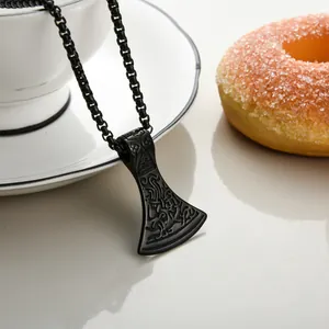 Viking axe pendant necklace in black stainless steel with vintage Nordic pattern