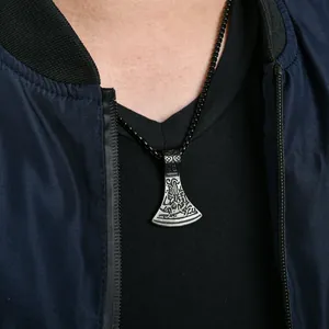 Men's retro Viking axe pendant necklace with intricate engravings on a black ball chain