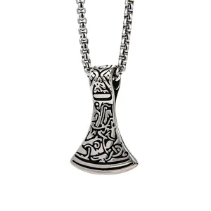 Retro Stainless Steel Viking Axe Pendant Necklace For Men Vintage Nordic Totem Braided Pattern Punk Jewelry Gift For Him
