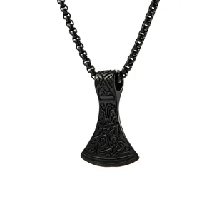 Men's Nordic Viking axe pendant necklace in matte black stainless steel finish