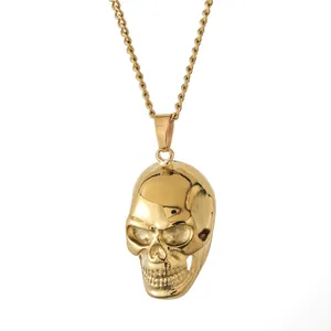 Polierte goldene Edelstahl-Totenkopf-Halskette mit klassischer gedrehter Kordelkette