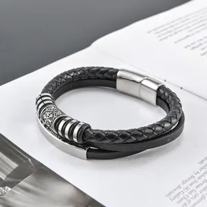 Mehrlagiges Lederarmband für Herren mit Edelstahl-Magnetverschluss und Metallperlen