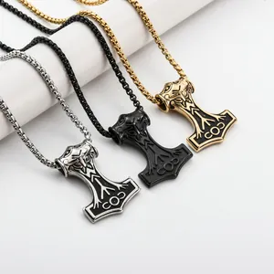 Drei Wikinger Thorhammer Mjölnir Anhänger in Gold, Schwarz und Silber mit Edelstahl-Boxkette
