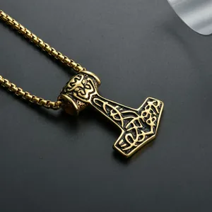 Nordische Wikinger Thorhammer Mjölnir Halskette in Vintage-Goldoptik mit robuster Boxkette