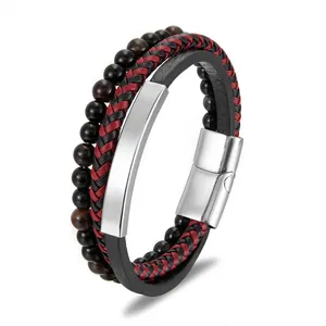Mehrlagiges Lederarmband für Herren mit Lavastein-Perlen und Edelstahl-Magnetverschluss