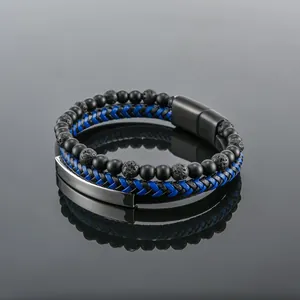 Mehrlagiges Herrenarmband mit Lavastein-Perlen und magnetischem Edelstahlverschluss