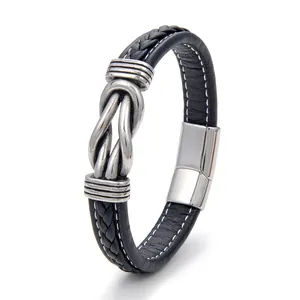 Men's black leather bracelet with silver knot ornament and magnetic steel clasp