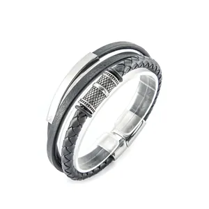 Mehrlagiges Lederarmband für Herren mit gebürstetem Stahl und strukturierten Perlen