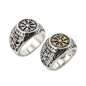 Vintage Viking Vegvísir compass ring for men in silver and gold steel finish