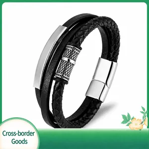 Herren Mehrschichtiges Geflochtenes Lederarmband Mit Edelstahl Magnetverschluss Punk Minimalistisch Geometrischer Schmuck Armreif Geschenk
