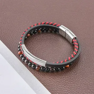 Mehrlagiges Lederarmband für Herren mit Natursteinen und Magnetverschluss aus Edelstahl