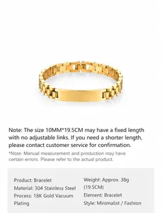 Vista macro de la pulsera de acero inoxidable chapada en oro de 18K con placa grabable