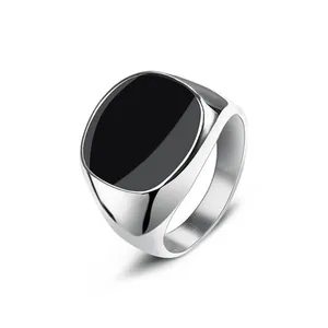 Chevalière élégante en acier inoxydable pour hommes avec insert ovale noir