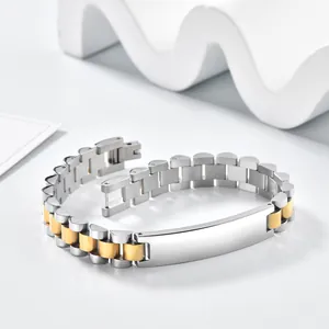 Pulsera bicolor de acero inoxidable con placa de identidad pulida para grabado láser