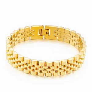 Macro detail of men's gold stainless steel jubilee bracelet with secure folding clasp