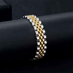 Macro di bracciale bicolore oro e argento in acciaio inossidabile a cinque maglie lucido