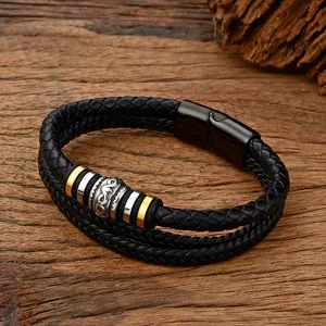 Bracciale multistrato in pelle intrecciata da uomo con perline vintage e chiusura in acciaio