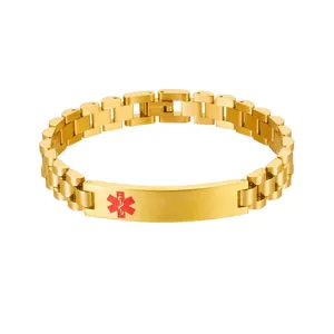 Vista detallada de pulsera de alerta médica de acero inoxidable dorado con símbolo rojo