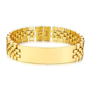 Macro detail of golden Jubilee style steel bracelet with a polished engravable curved plate