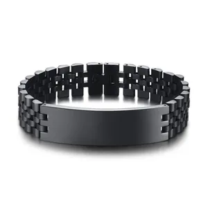 Bracelet en acier inoxydable noir pour hommes avec plaque métallique courbée à graver