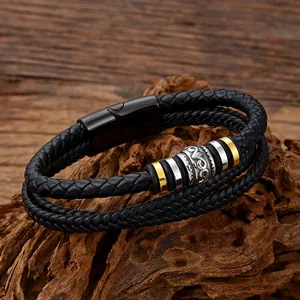 Bracciale da uomo in pelle nera intrecciata a doppio strato con perle retrò intagliate
