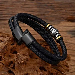 Men's multilayer braided black leather bracelet with vintage engraved metal beads