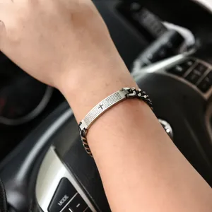 Men's stainless steel Cuban link bracelet with engraved Spanish Lord's Prayer cross plate