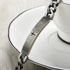 Vintage stainless steel Cuban link bracelet with cross and Spanish scripture engraving
