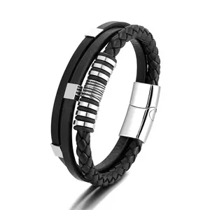 Men's punk multilayer braided leather bracelet with silver skull charm and magnetic clasp
