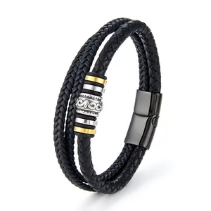 Bracciale multistrato in pelle da uomo con ciondolo a cilindro in metallo inciso