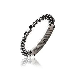 Vintage stainless steel cuban link bracelet with engraved cross and Spanish prayer plate
