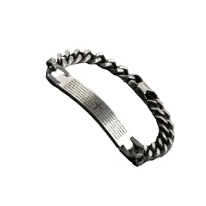 Retro stainless steel Cuban link bracelet with cross and Spanish prayer inscription
