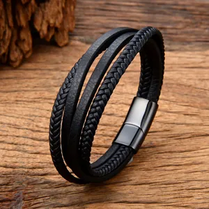 Multi-Layer Black Cowhide Leather Braided Bracelet 316L Stainless Steel Magnetic Clasp Hand-Woven Men's Fashion Jewelry