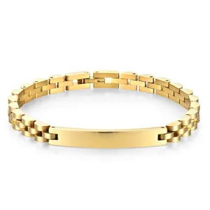 Pulsera de eslabones dorados de acero inoxidable con una placa rectangular lisa personalizable
